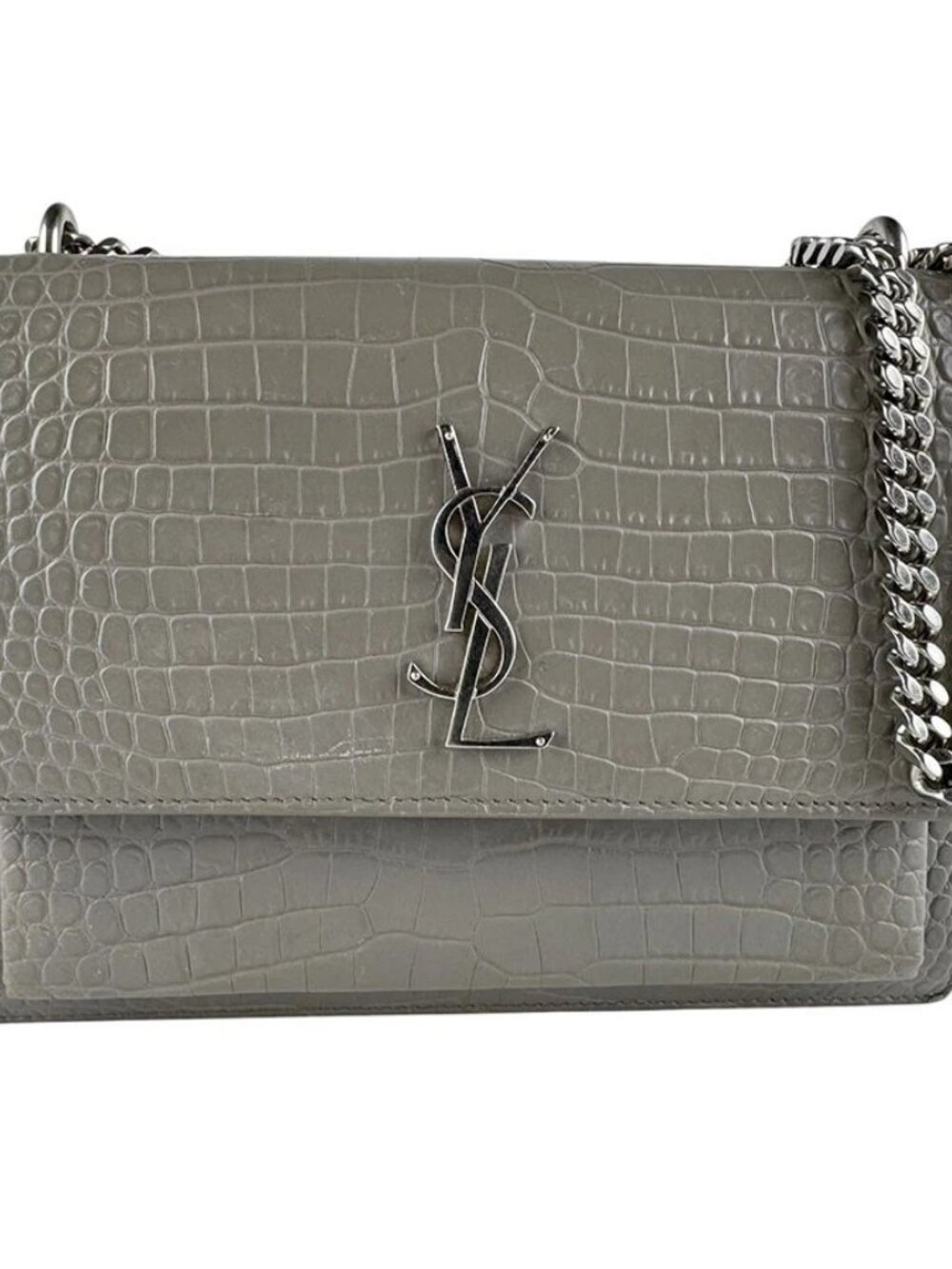 SAINT LAURENT Chian Shoulder Bag Gray/Silver Embossed Leather/Metal
